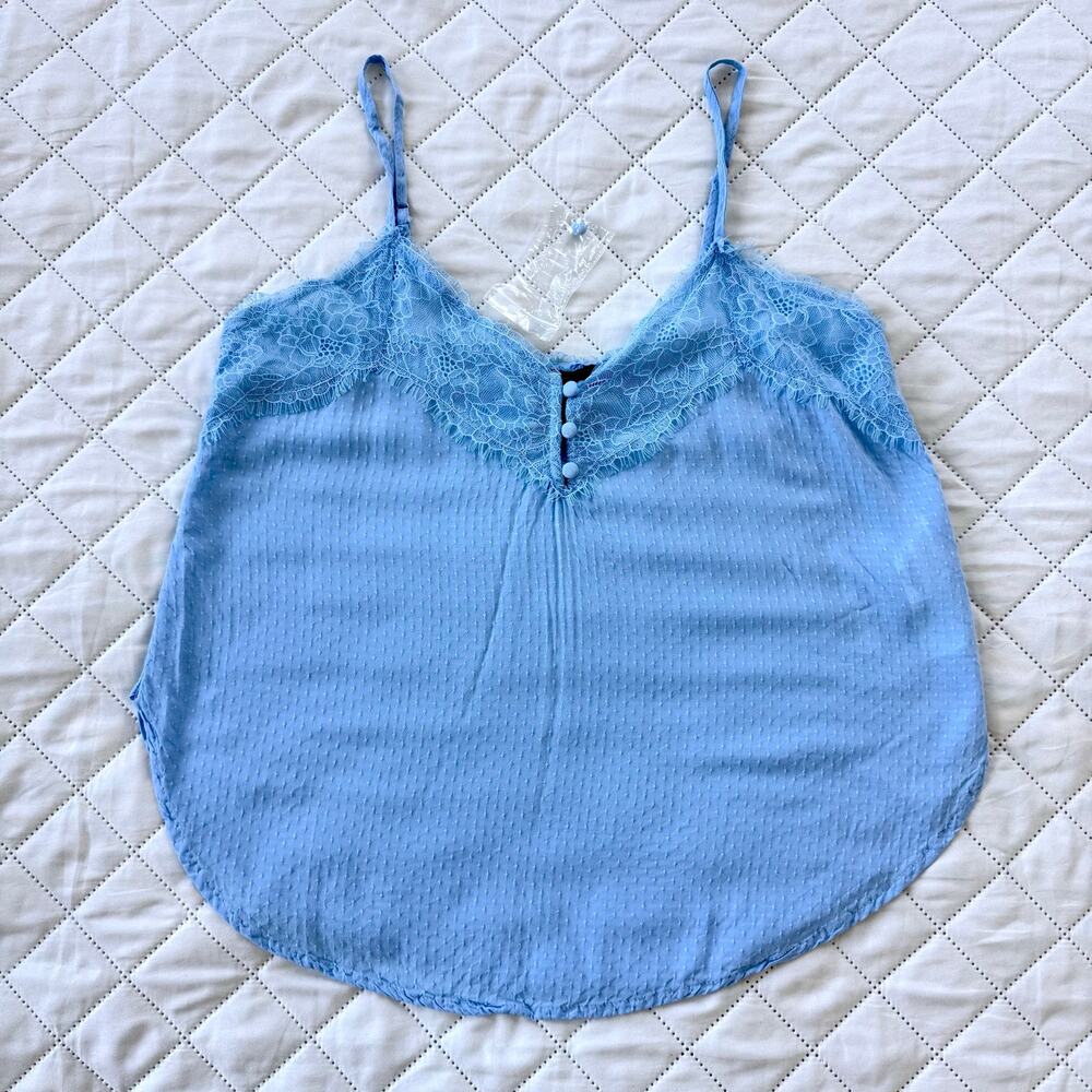 Forever 21 Blue Lace Trim Cami Tank Babydoll Top Swiss Dot Rayon Sleeveless sz S